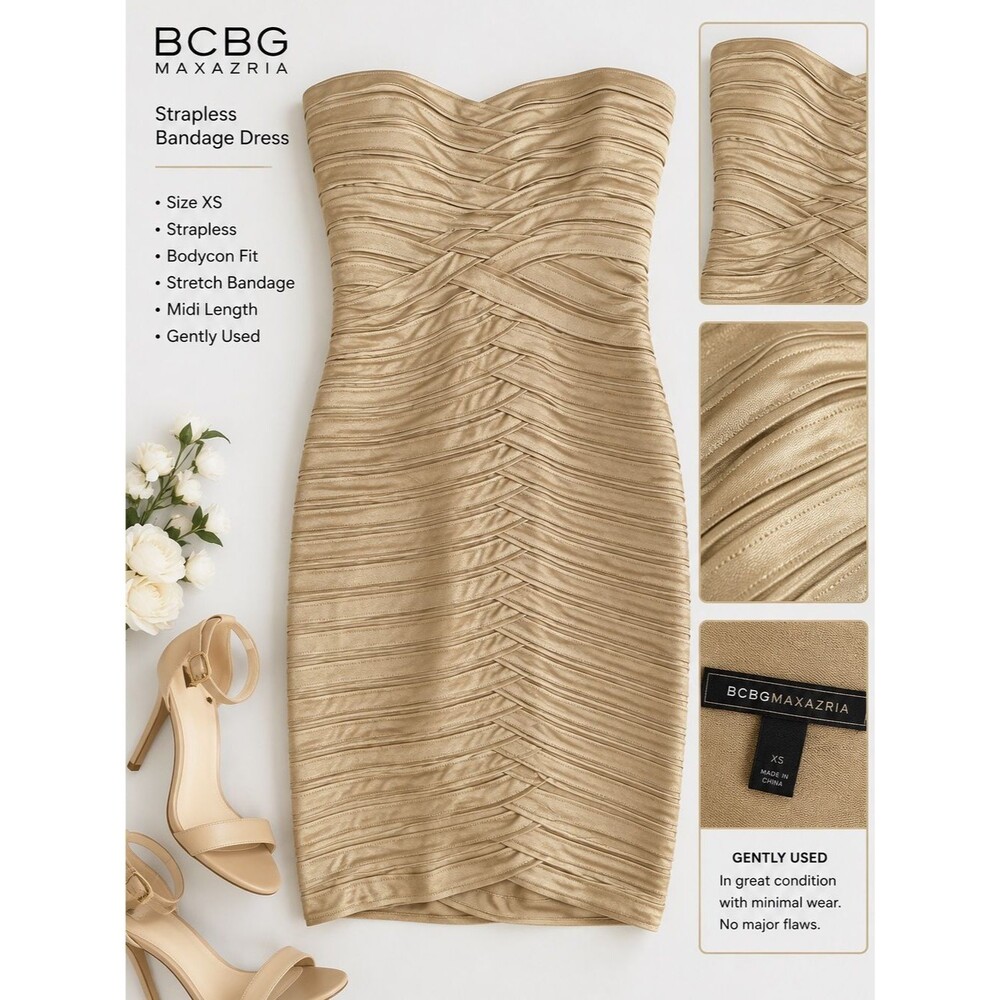 BCBGMaxAzria Metallic Gold Strapless Ruched Bodycon Dress - Picture 2 of 5